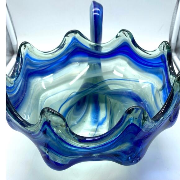 Vintage Art Glass Sooner‎ Blue Swirl Murano Style Hand Blown Swan Bowl Dish - Picture 7 of 8